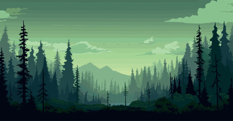 forest with mountains and trees, landscape vector illustration - obrazy, fototapety, plakaty