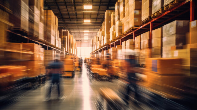 Blurred image of warehouse employees moving shipping boxes