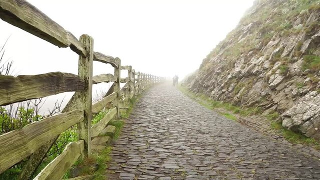 Holy Island, droga na  
Lindisfarne Castle, para ludzi podr&oacute;żuje w gęstej mgle. 