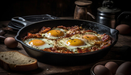Freshly fried egg on rustic cast iron pan, ready to eat meal generated by AI