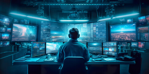 CCTV surveillance officer facing away from the camera in a large monitoring center, Generative AI