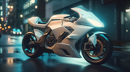 White futuristic sport bike, motorbike in a modern city at night. generative ai