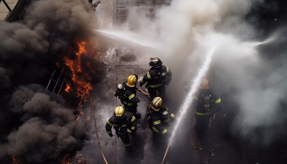 Firefighters in protective suits and helmets spraying flames with water generated by AI