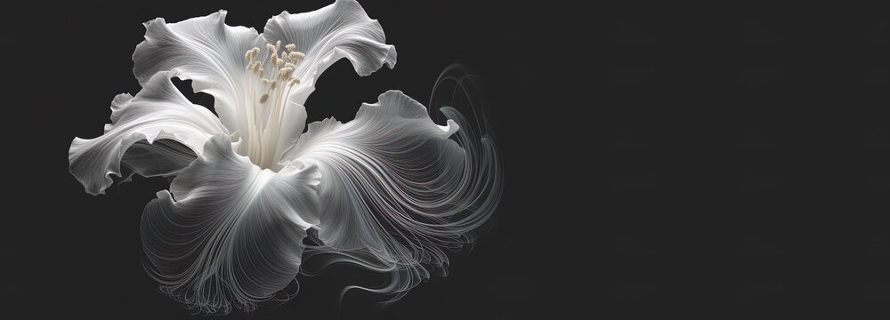 Mourning, condolence card with a flower isolated on black background. Regrets, grief, solace, sadness emotions. Banner for comfort and sympathy. 