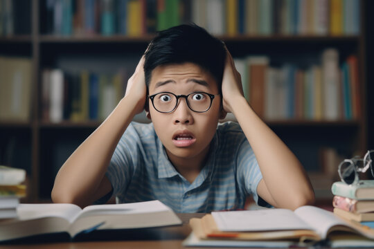 Portrait of shocked asian male student sitting at desk in classroom, grabbing his head looking at camera. Worried youth unprepared for test or exam, thinking about deadline