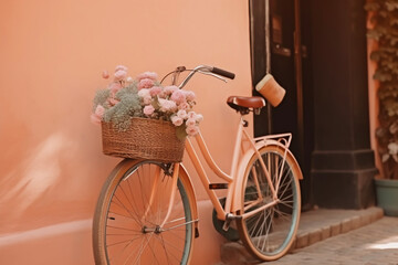 Vintage bike with basket full of flowers parked near pastel pink wall, ai generated
