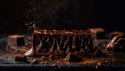 Fototapeta na wymiar Indulgent dark chocolate dessert, stacked high with chocolate shavings generated by AI