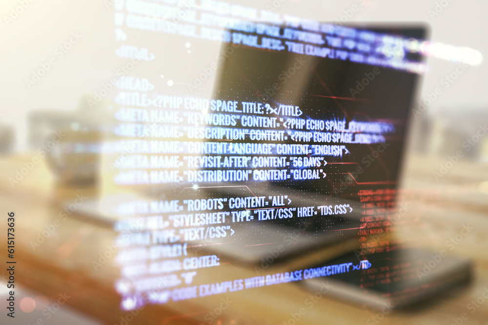 Poster multi exposure of abstract programming language hologram and modern desk with computer on background