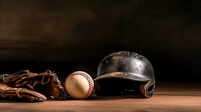 Helmet glove and old softball, close-up, with free space, idea for a banner. AI generated