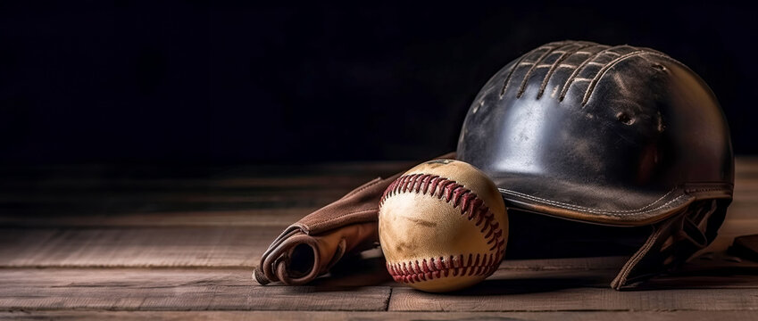 Helmet glove and old softball, close-up, with free space, idea for a banner. AI generated