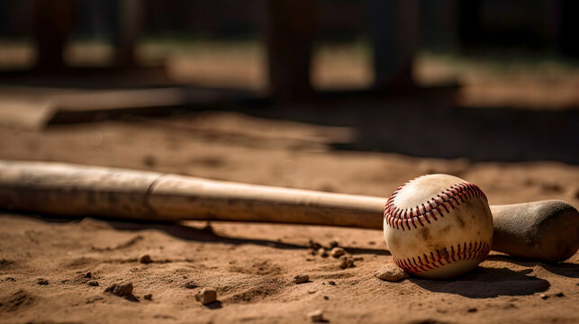 Ball and baseball bat on softball field, close-up, with free space, idea for banner. AI generated