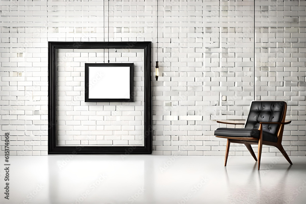 Aufkleber an empty polaroid frame suspended from a string against a white brick wall, complemented by a minima