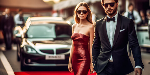 Celebrity nominees arrive for the premiere. Stars in gorgeous evening gowns arrive in a limousine to the red carpet for the festive awards ceremony. digital ai - obrazy, fototapety, plakaty
