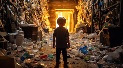 Children in a large pile of plastic waste - obrazy, fototapety, plakaty