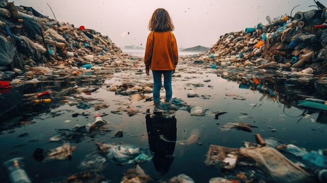 Backside child looking at a lot of plastic waste in the water