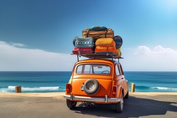 Small retro car with baggage, luggage and beach equipment on the roof