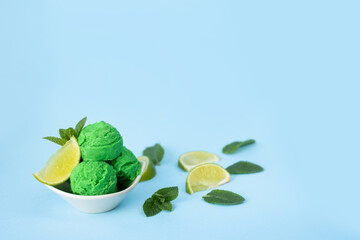 Delicious green lime ice cream with mint
