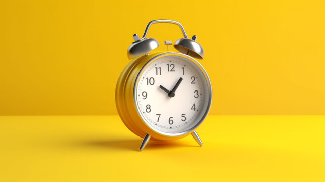 A bright yellow alarm clock on a solid yellow background