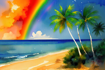 Fototapeta na wymiar Tropical island illustration with rainbow and palm trees, Generative AI.