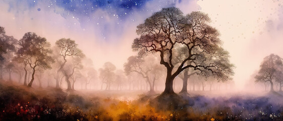 Fototapeta na wymiar Mystical watercolor oak forest in autumn with light fog, generative ai.