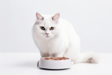 A cat on a white background eats food from a bowl 