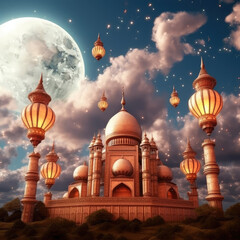 Soft Glow of Eid, Serene Background with Crescent Moon and Light Lanterns.