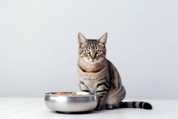 A cat on a white background eats food from a bowl 
