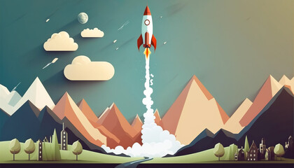 Rocket start up - The cartoon-style rocketship is playful and fun, capturing the excitement and energy - ai generated.