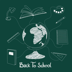 Line art of Globe with stationary in chalk effect design for back to school campaign design