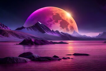 Embark on an otherworldly journey with this captivating stock photograph. Behold a purple alien landscape that defies imagination, where a broken moon shatters into pieces before your eyes.