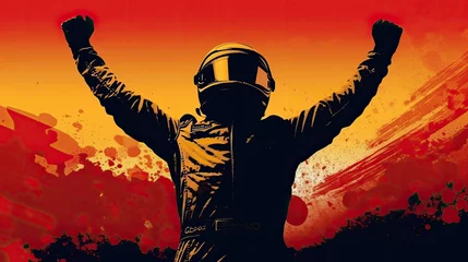 Poster Silhouette of race car driver celebrating the win, grand prix © Sasint