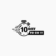 10 days left. Vector emblem with the number of days remaining. label, black alarm clock flat with ribbon, promotion icon, best deal symbol vector illustration