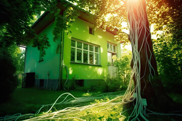 electric tree, green energy, A Glimpse into Tomorrow: Futuristic Fusion of Electric Car, Green Cable Lights, and Melting Computer Parts Transforming into a Tree, Embracing Green Energy in a Beautiful 