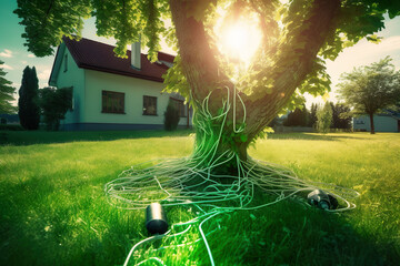 electric tree, green energy, A Glimpse into Tomorrow: Futuristic Fusion of Electric Car, Green Cable Lights, and Melting Computer Parts Transforming into a Tree, Embracing Green Energy in a Beautiful 