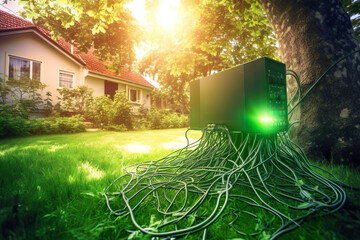 electric tree, green energy, A Glimpse into Tomorrow: Futuristic Fusion of Electric Car, Green Cable Lights, and Melting Computer Parts Transforming into a Tree, Embracing Green Energy in a Beautiful 