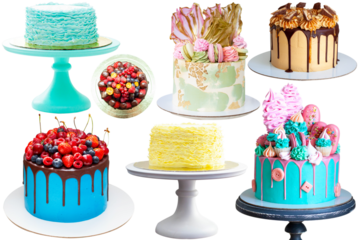 Set of bright colorful cakes isolated on white background, png. Cakes with fondant ruffles, fresh berries, chocolate, caramel