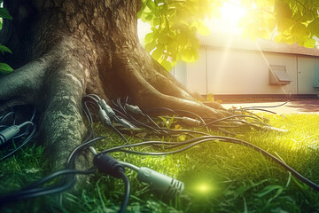 electric tree, green energy, A Glimpse into Tomorrow: Futuristic Fusion of Electric Car, Green Cable Lights, and Melting Computer Parts Transforming into a Tree, Embracing Green Energy in a Beautiful 