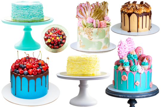 Set of bright colorful cakes isolated on white background, png. Cakes with fondant ruffles, fresh berries, chocolate, caramel