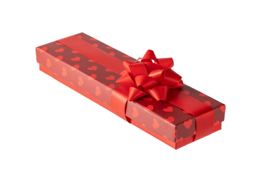 Greeting red long gift box with hearts and ribbon isolated on white