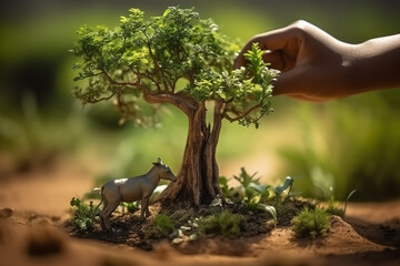 tree in hands, A Tapestry of Life: Close-Up of a Small Tree Growing in a Handful of Earth, Embracing Real African Animals Held in Hands, Amidst a Summer's Sunny Green Garden Ambiance