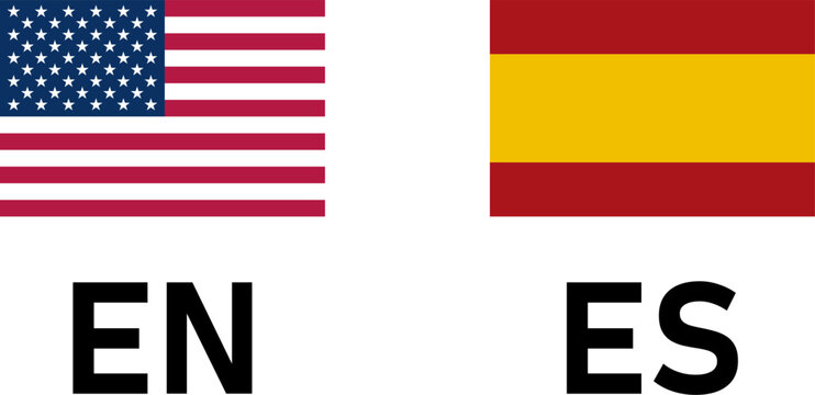 Flag Icon Pair including USA and Spain Flags for English and Spanish Language Selection Symbol Button. Vector Image.
