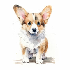 Welsh corgi puppy. Stylized watercolour digital illustration of a cute dog with big eyes. AI - 615176261