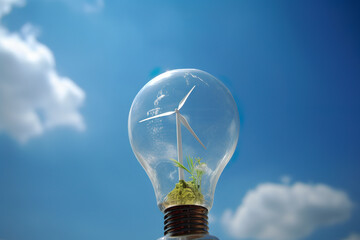 eco energy concept, Illuminating the Future: Lightbulb Filled with Symbols of Green Energy against a Blue Sky Background