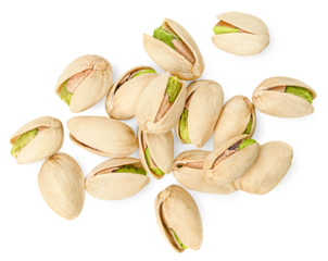 heap of pistachios on a white isolated background, top view