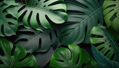 Dark green tropical background with Tropical palm leaves.