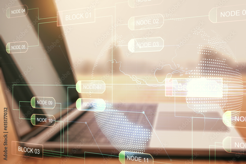 Fototapete double exposure of abstract programming language with world map on laptop background, research and d