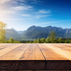 table in mountains, Nature's Serenade: Close-Up of an Empty Wooden Table, Bathed in Sunlight with a Backdrop of Majestic Unsharp Blue Sky and Sunny Mountains