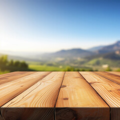 table in mountains, Nature's Serenade: Close-Up of an Empty Wooden Table, Bathed in Sunlight with a Backdrop of Majestic Unsharp Blue Sky and Sunny Mountains