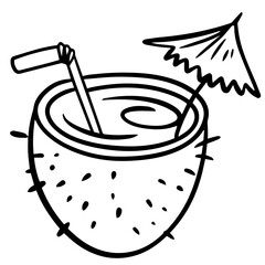 A vibrant vector art illustration of a coconut cocktail, featuring a tropical drink served inside a coconut shell with a colorful umbrella and straw.