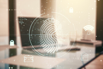 Multi exposure of abstract fingerprint scan interface on computer background, digital access concept